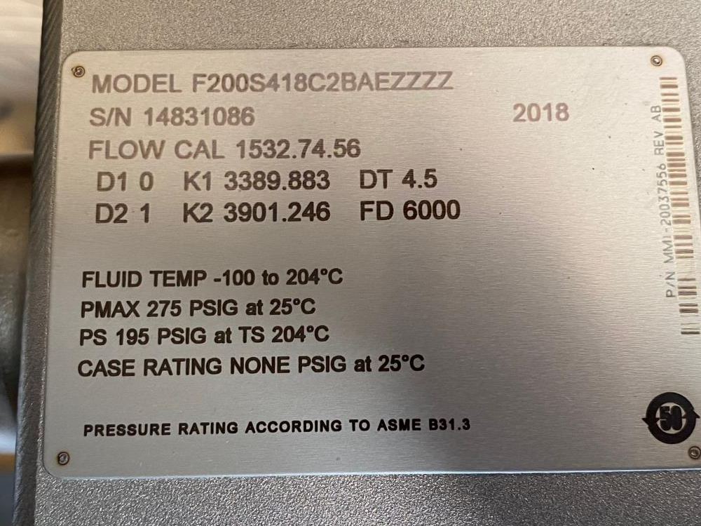 Micro Motion 2" x 1-1/2" 150# 316 Stainless Flow Meter F200S418C2BAEZZZZ (S)